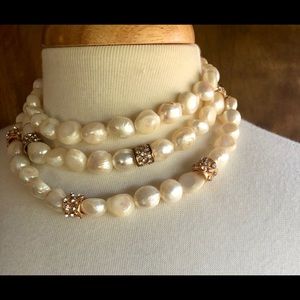 Large white baroque triple strand necklace